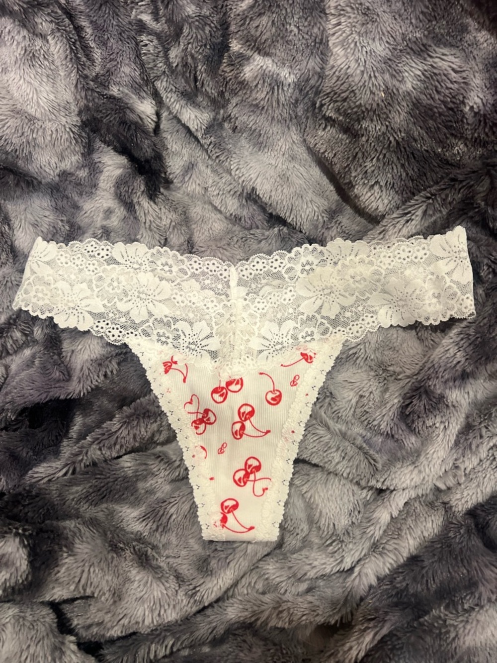 PINK Victoria's Secret White Lace Thong with Red Cherry Print